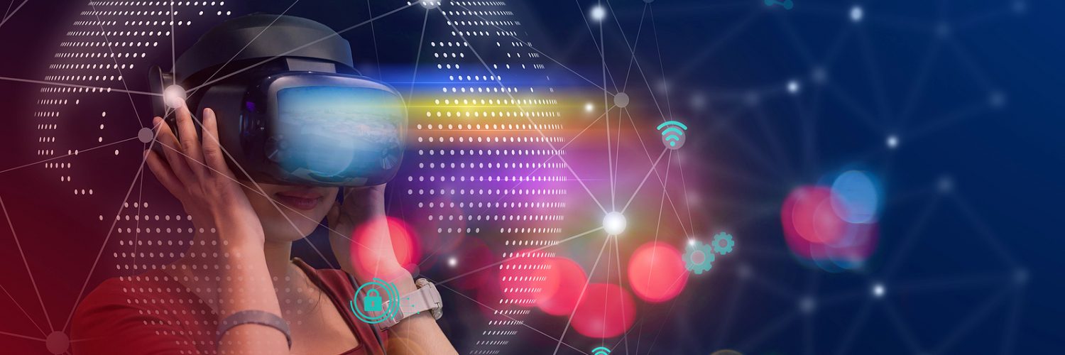 Young girl play VR virtual reality goggle and experiences of metaverse virtual world on colorful. Visualization and simulation, 3D, AR, VR, Innovation of futuristic, Metaverse Technology concepts.