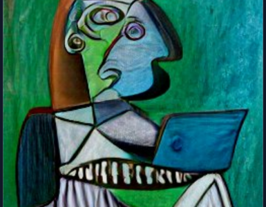 A Picasso painting of a teacher with a laptop in his hands. Image created with craiyon.com